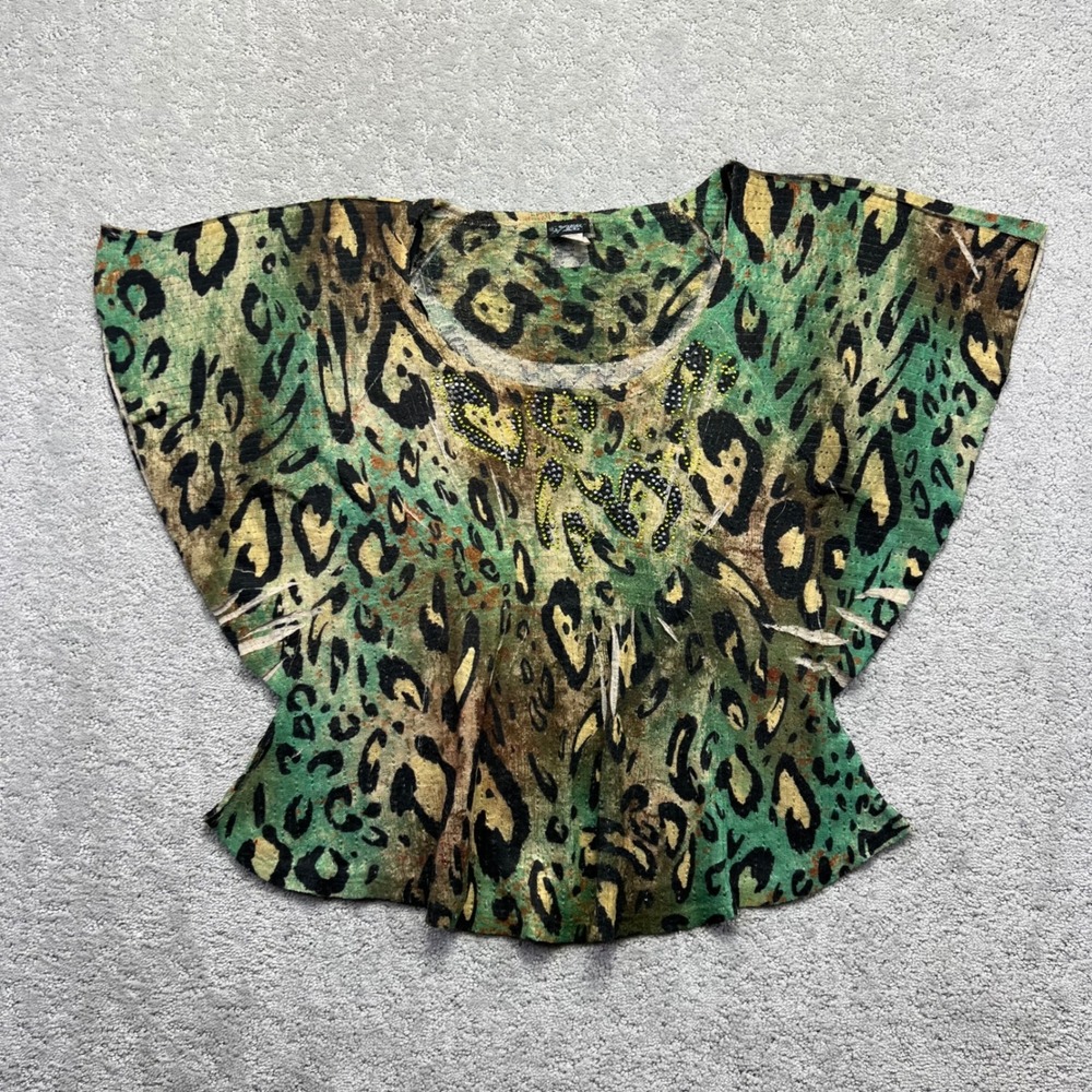 VINTAGE Daytrip Blouse Womens L Green Leopard Print Rhinestone Dolman Sleeve